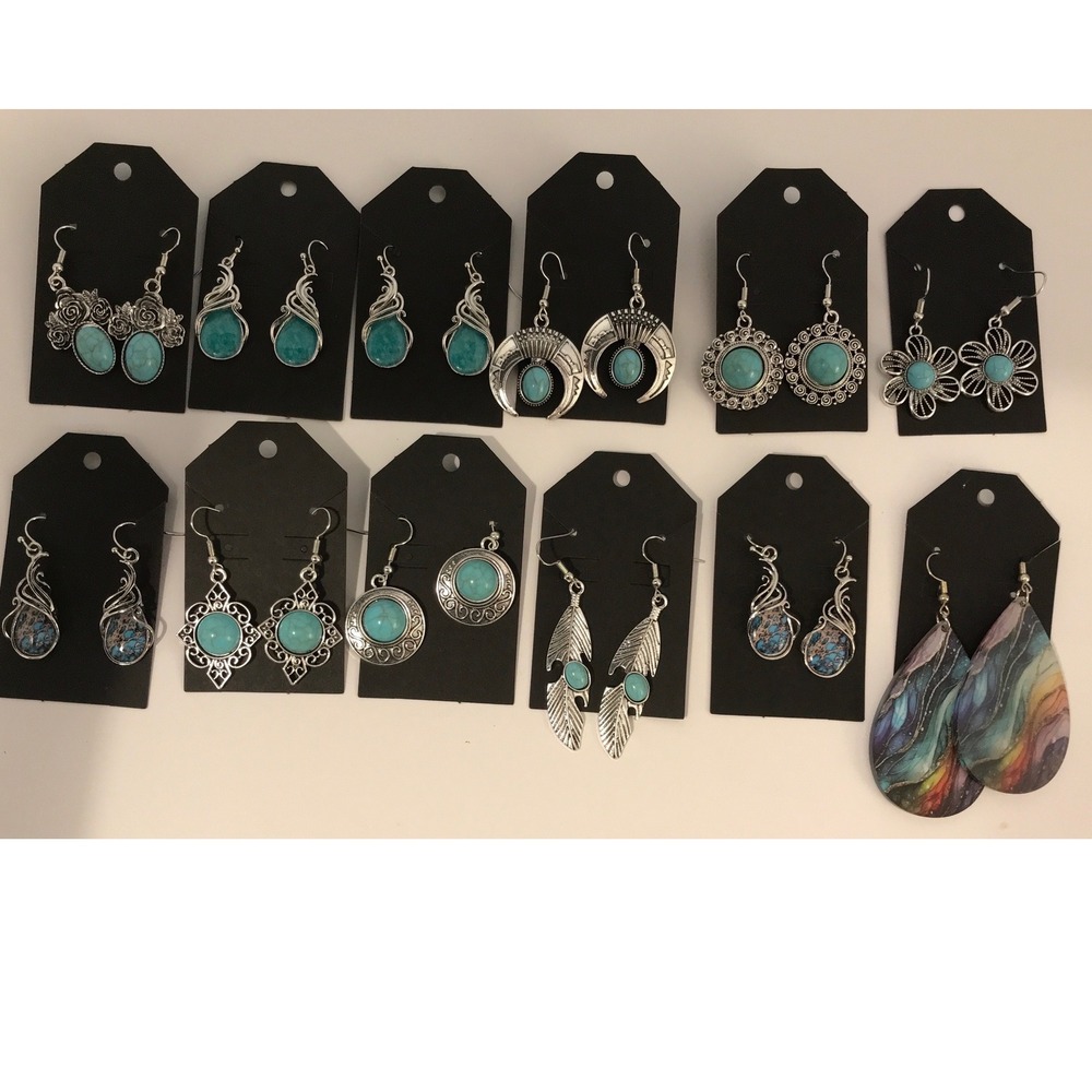 12 Pairs Boho Turquoise Silver Tone Earring Lot Southwestern Feather Floral Moon